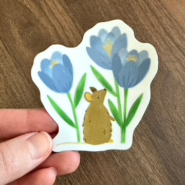 Mouse & Crocuses - Floral Die Cut Vinyl Sticker