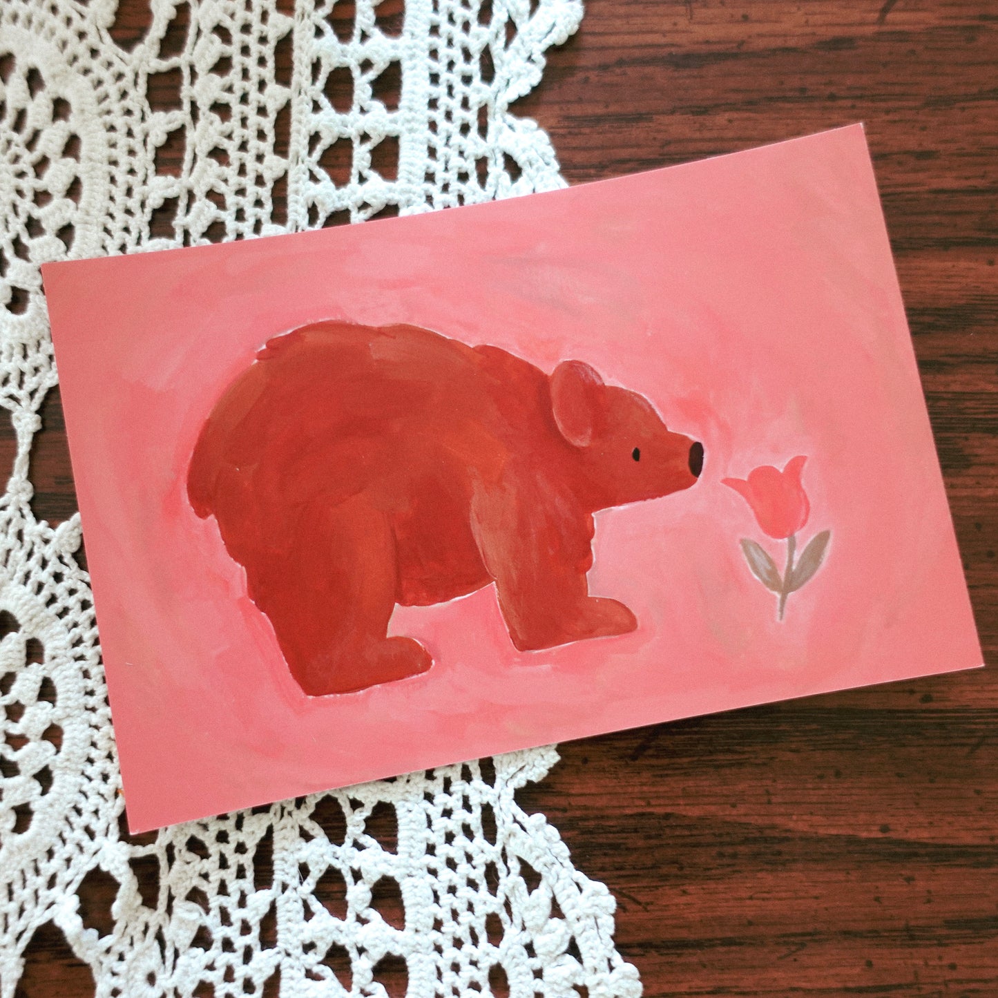 Pink Tulip Bear - Postcard / Mini Art Print