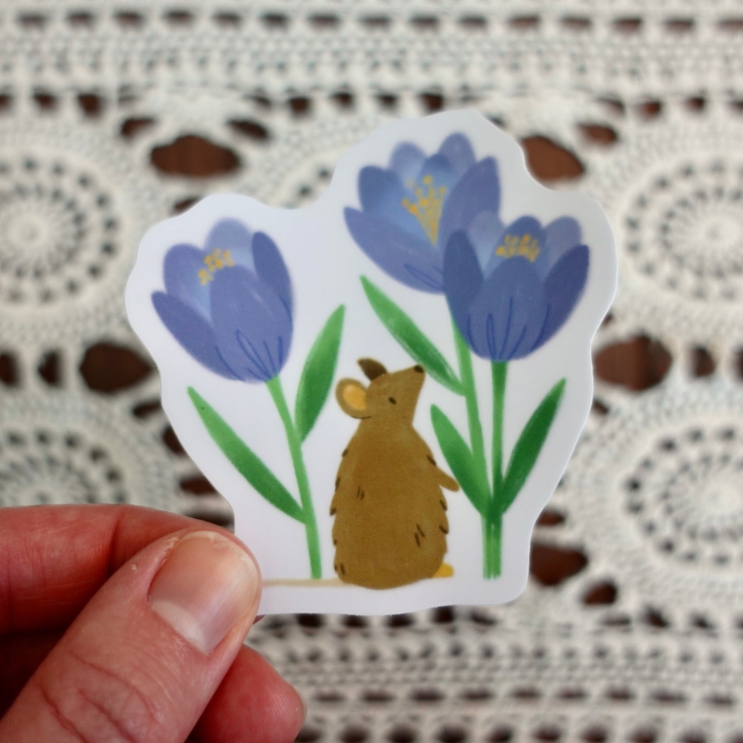 Mouse & Crocuses - Floral Die Cut Vinyl Sticker