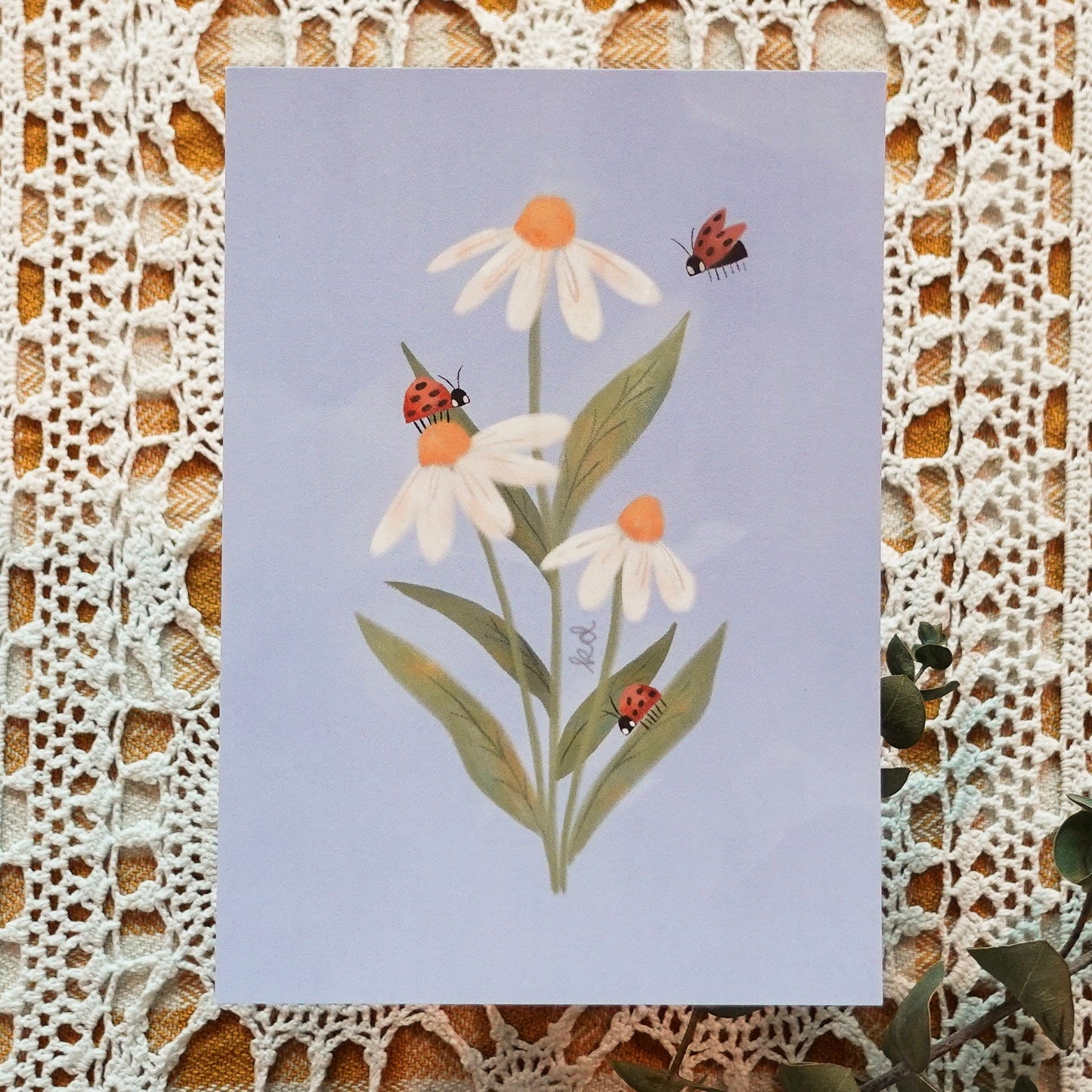 Daisies & Ladybugs - Postcard / Mini Art Print