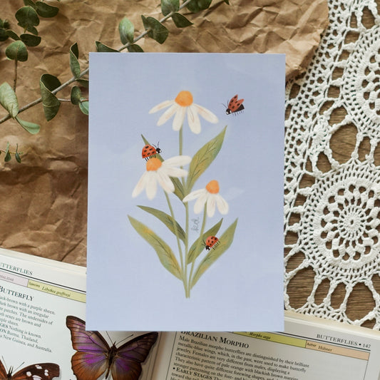 Daisies & Ladybugs - Postcard / Mini Art Print