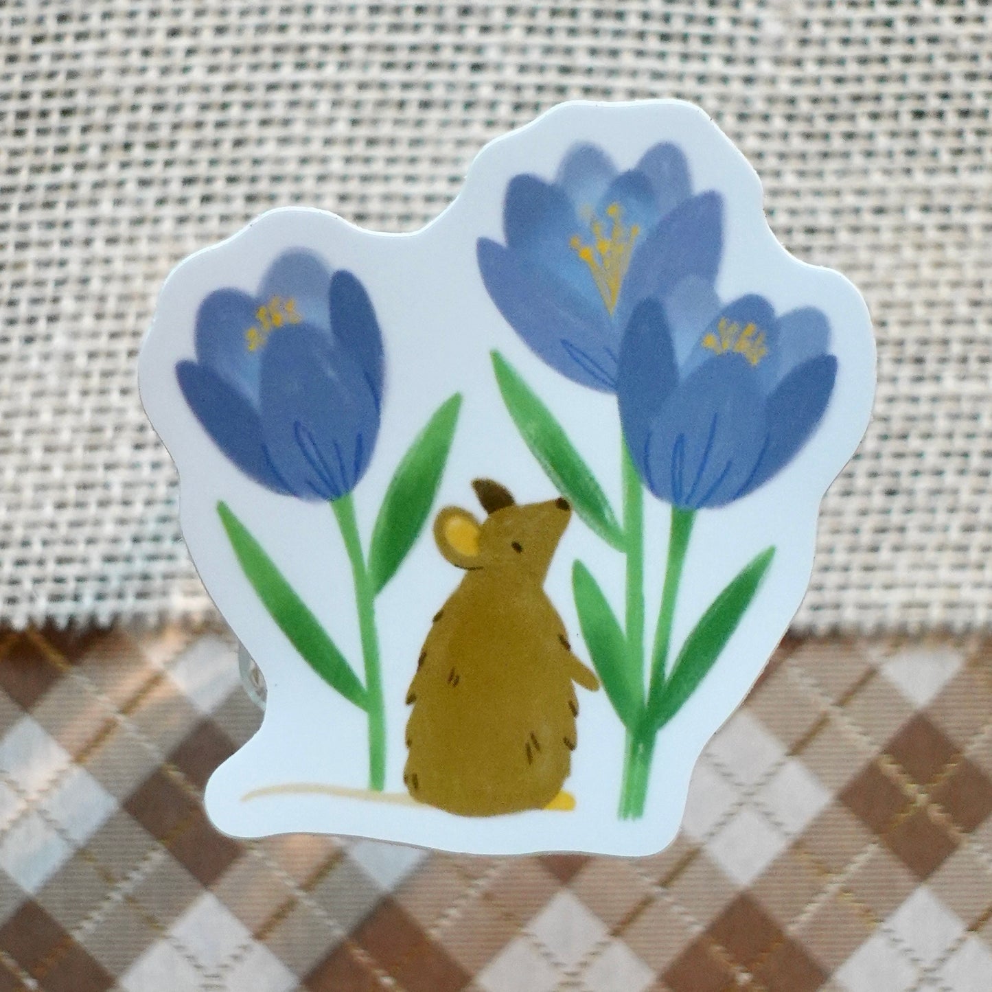 Mouse & Crocuses - Floral Die Cut Vinyl Sticker