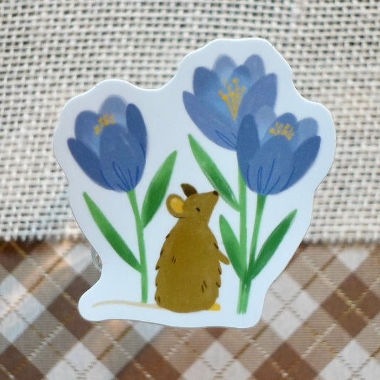 Mouse & Crocuses - Floral Die Cut Vinyl Sticker