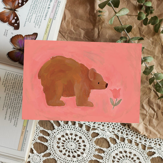 Pink Tulip Bear - Postcard / Mini Art Print