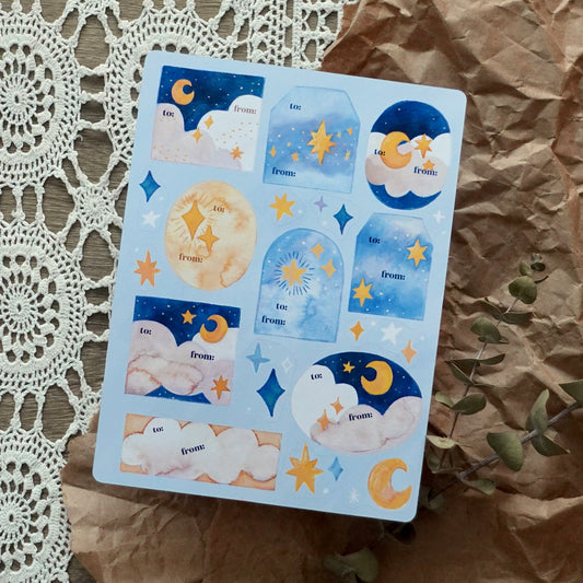 Moon & Stars Holiday Gift Tags - Sticker Sheet