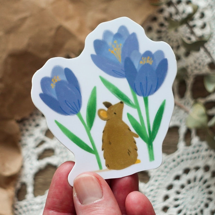 Mouse & Crocuses - Floral Die Cut Vinyl Sticker