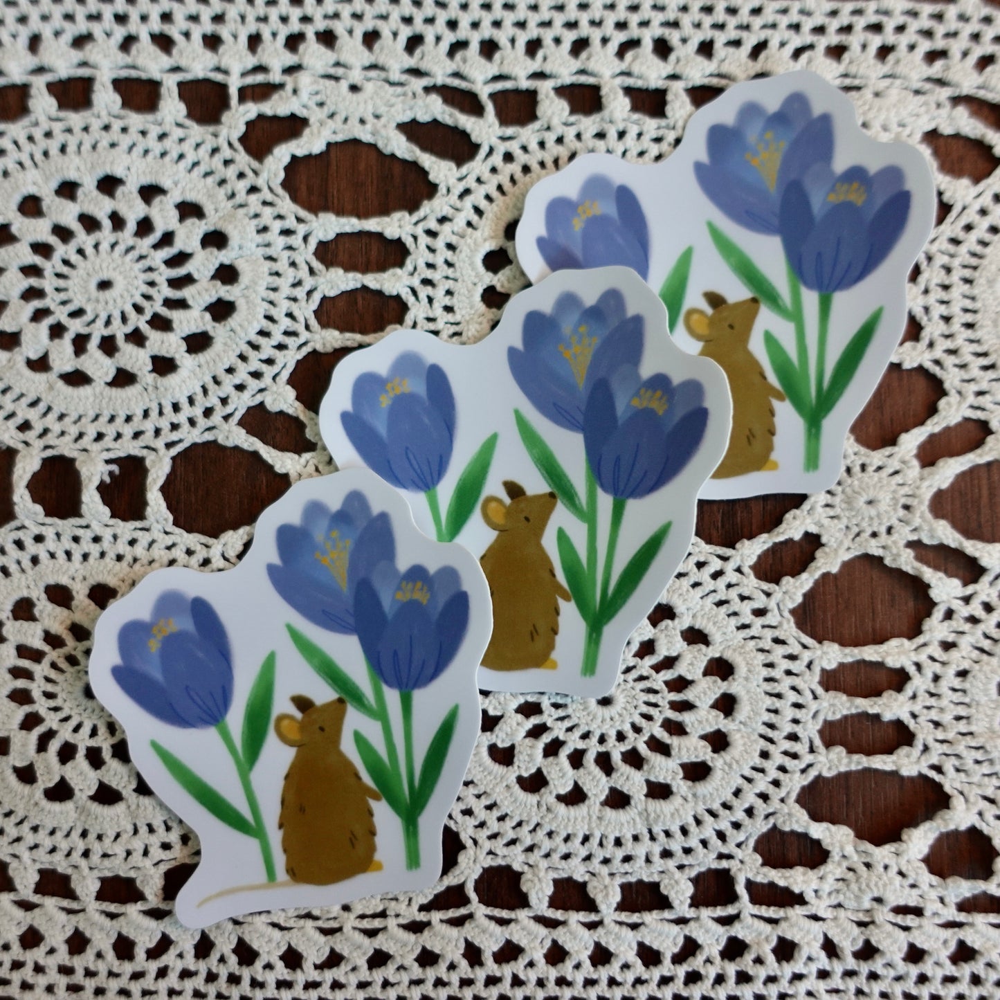 Mouse & Crocuses - Floral Die Cut Vinyl Sticker