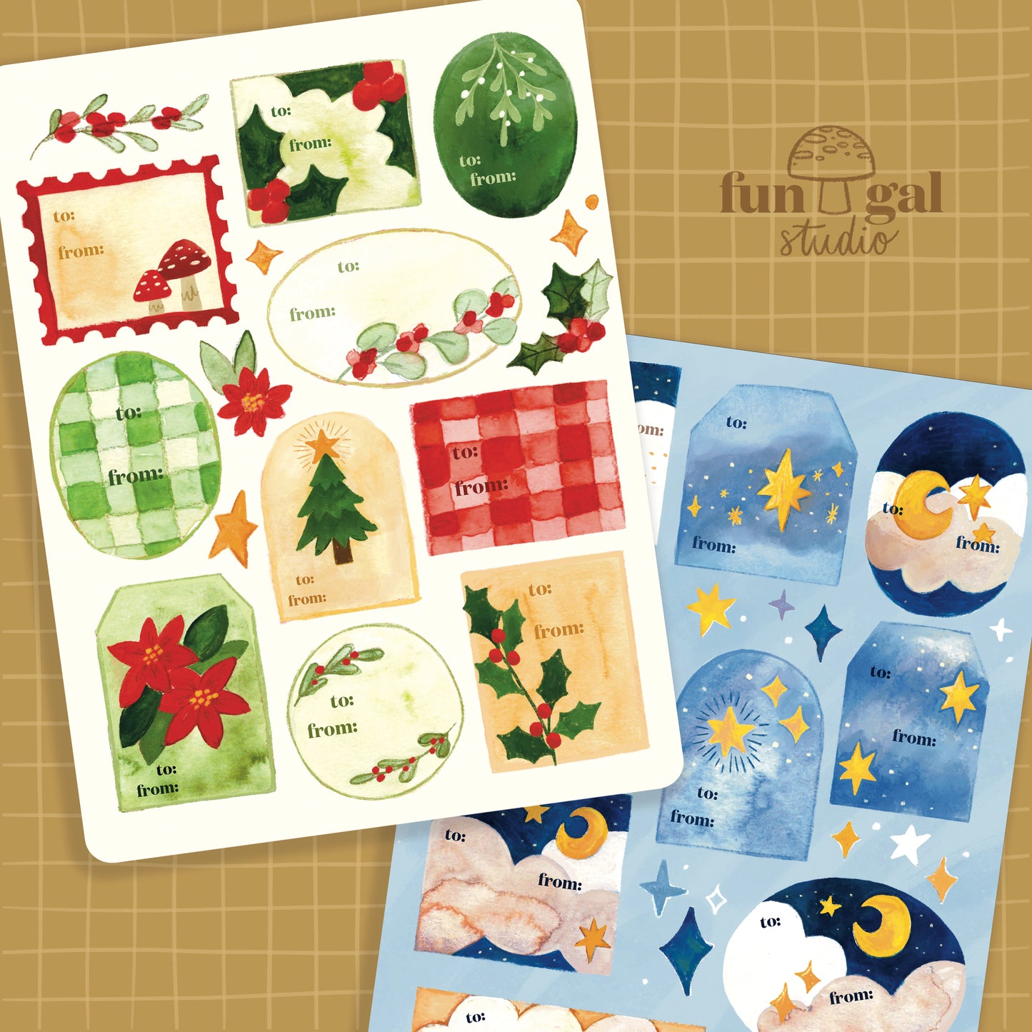 GIFT TAG PACK - Set of 2 Holiday Sticker Gift Tag Sheets